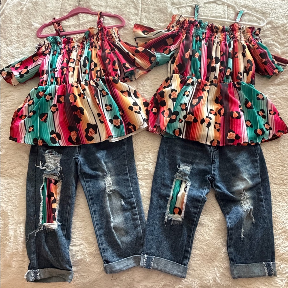 Girls Multicolor Off-Shoulder Ruffled Top with Distressed Jeans Set
